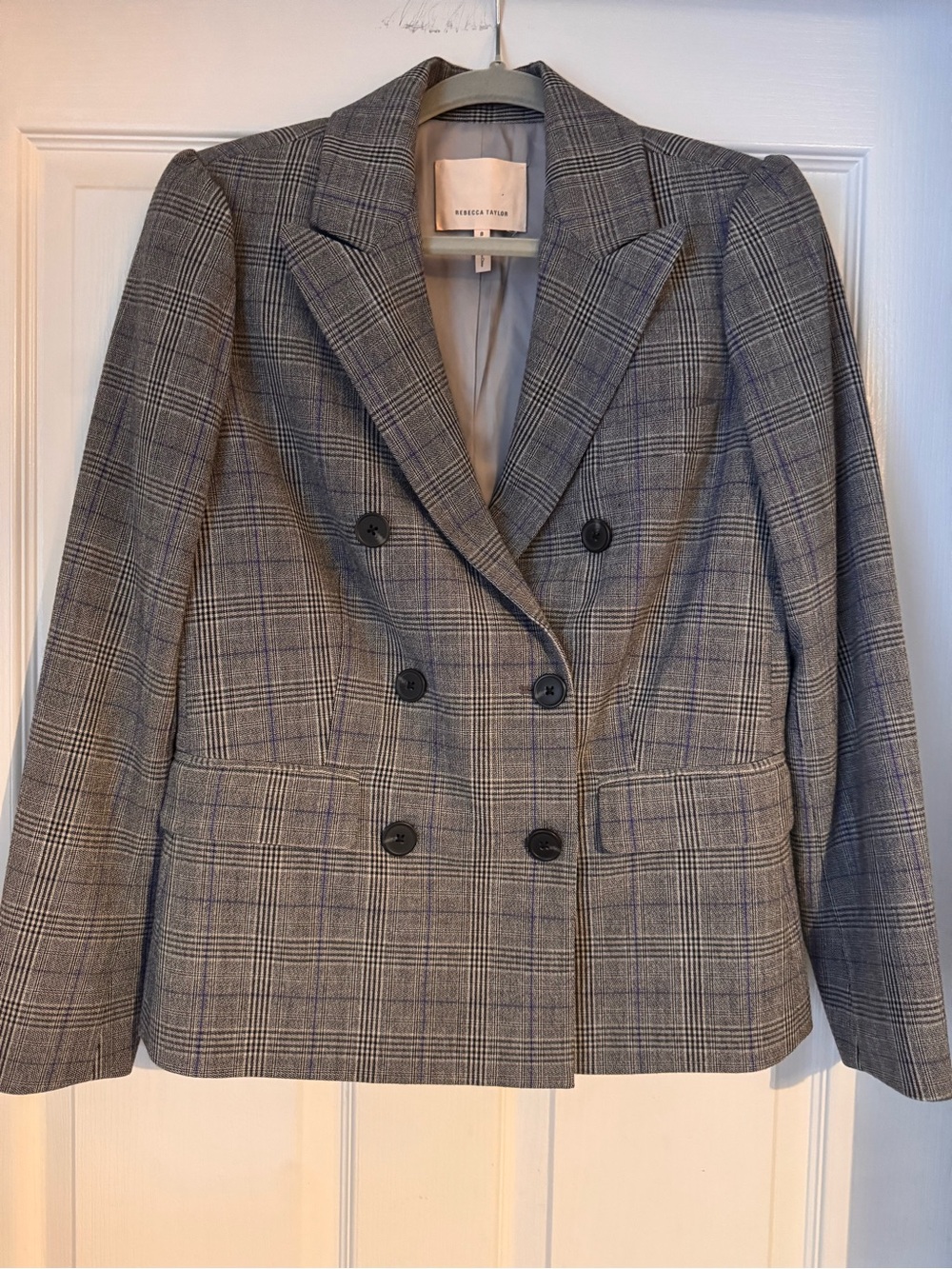 Rebecca Taylor Gray Plaid Double-Breasted Blazer with Subtle Blue Windowpane
